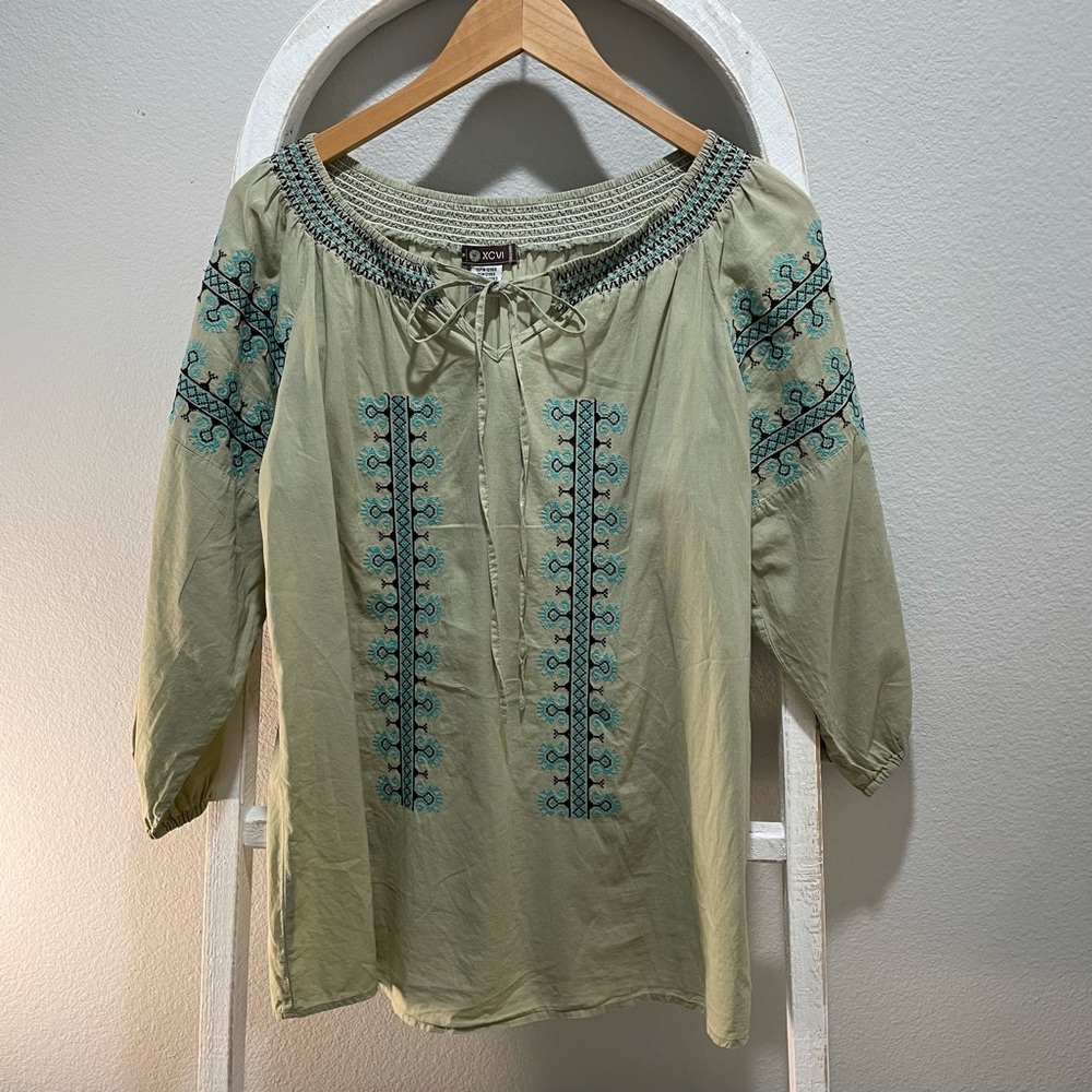 XCVI Boho Green Embroidered Pheasant Top